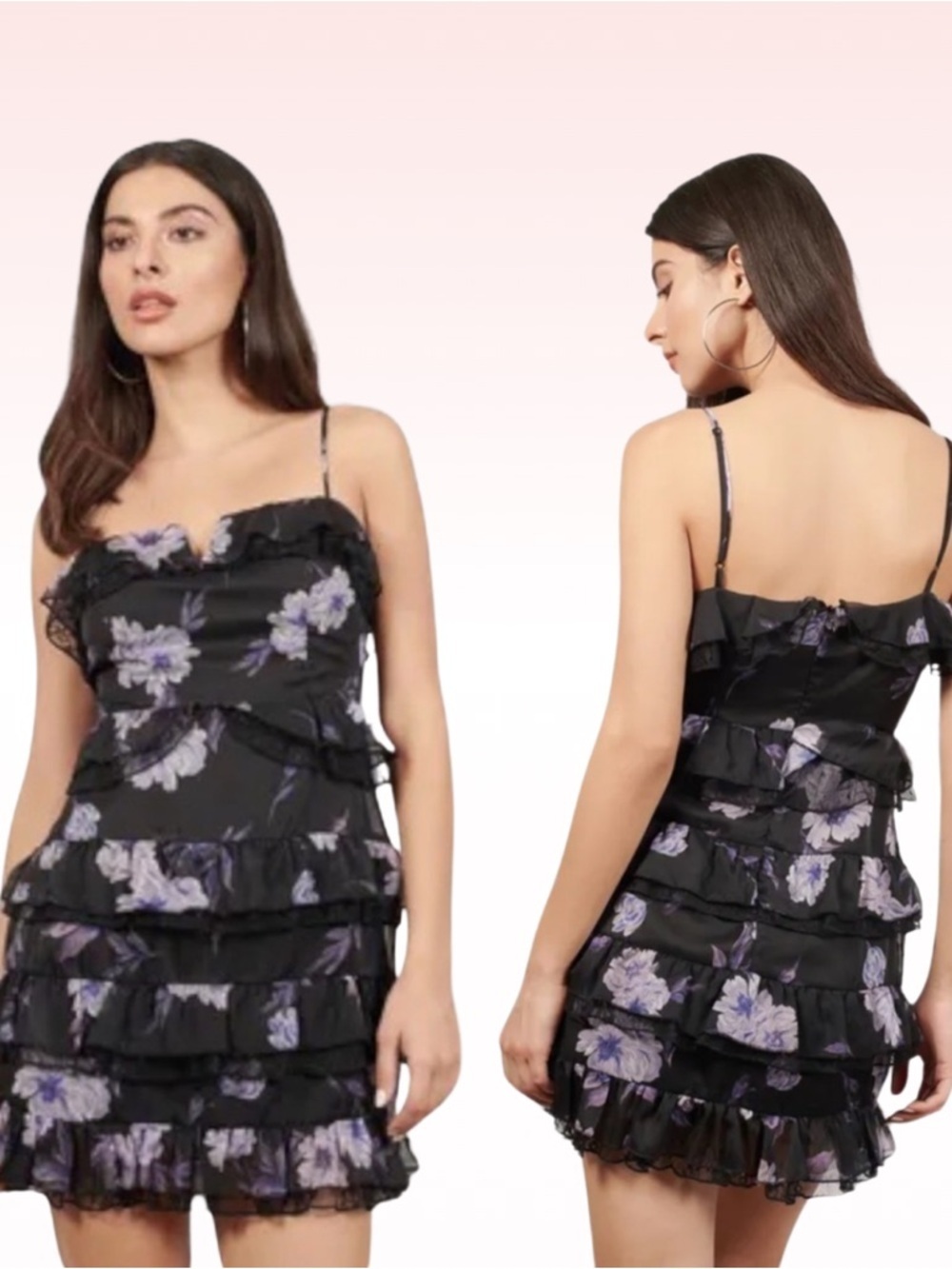 TOBI Irma Black & Purple Floral Ruffled Tiered Mini Dress (Sz